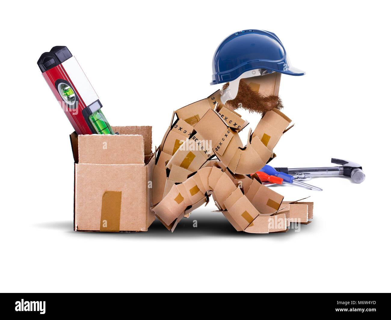 Box character digital character workman with hard hat sat resting against a toolbox. bearded worker and tools isolated concept artwork on a white back Stock Photo