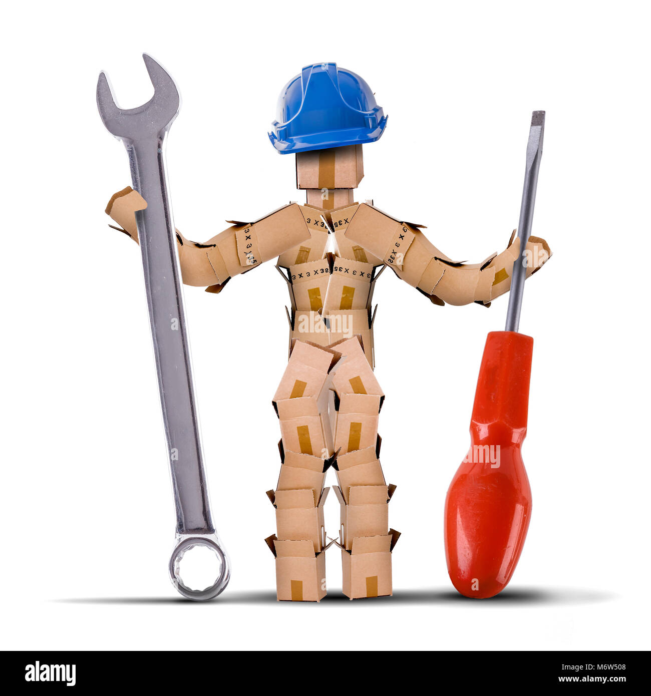 Box character digital character workman with hard hat and holding a large spanner and screwdriver tool. Worker and tool isolated concept artwork on a  Stock Photo