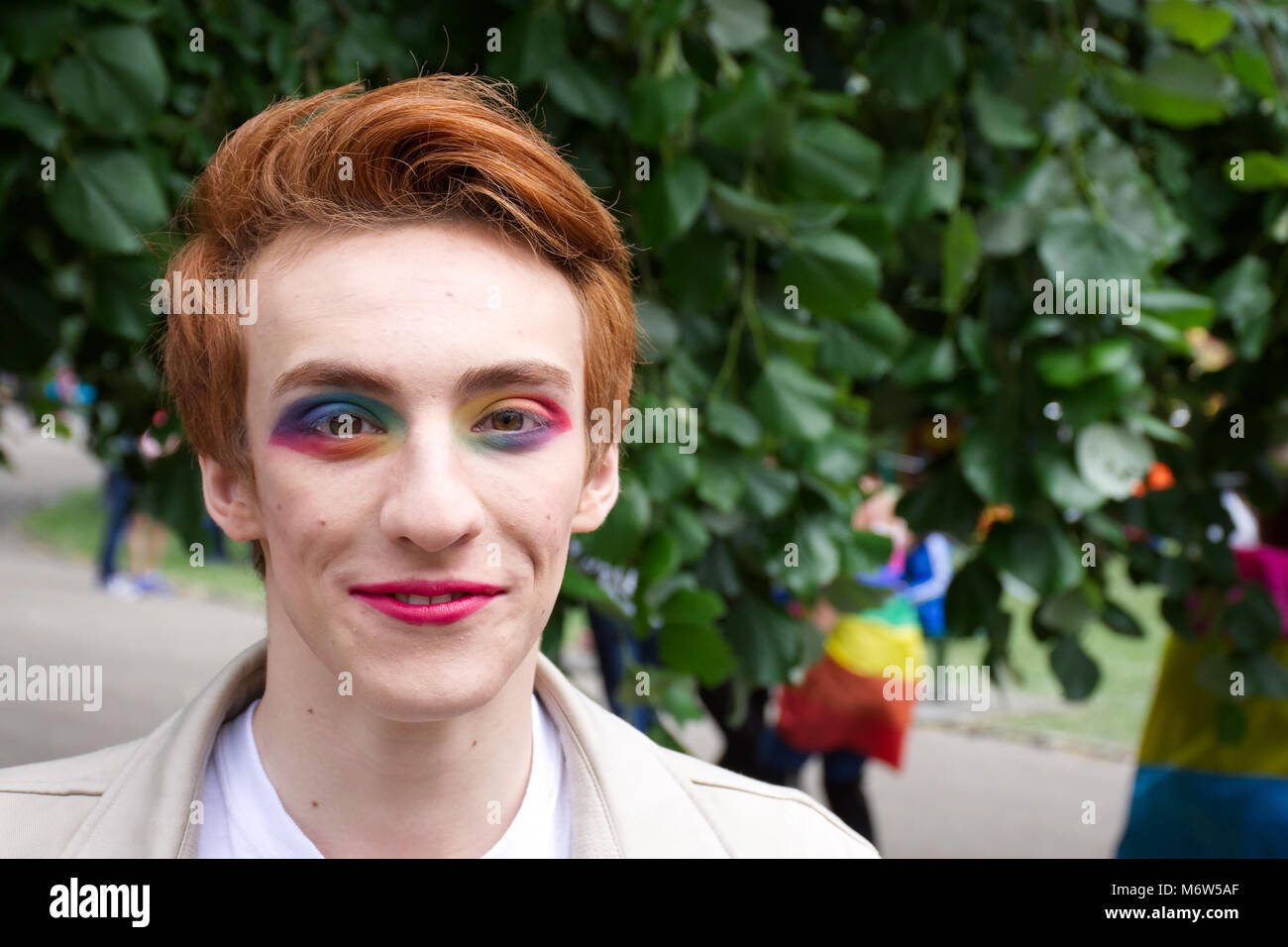 Breaking male gender stereotype,Transgender Uk,LGBT.Man wearing makeup.Out and proud.LGBT Pride event,Stoke on Trent,Staffordshire,UK.24 June 2017. Stock Photo