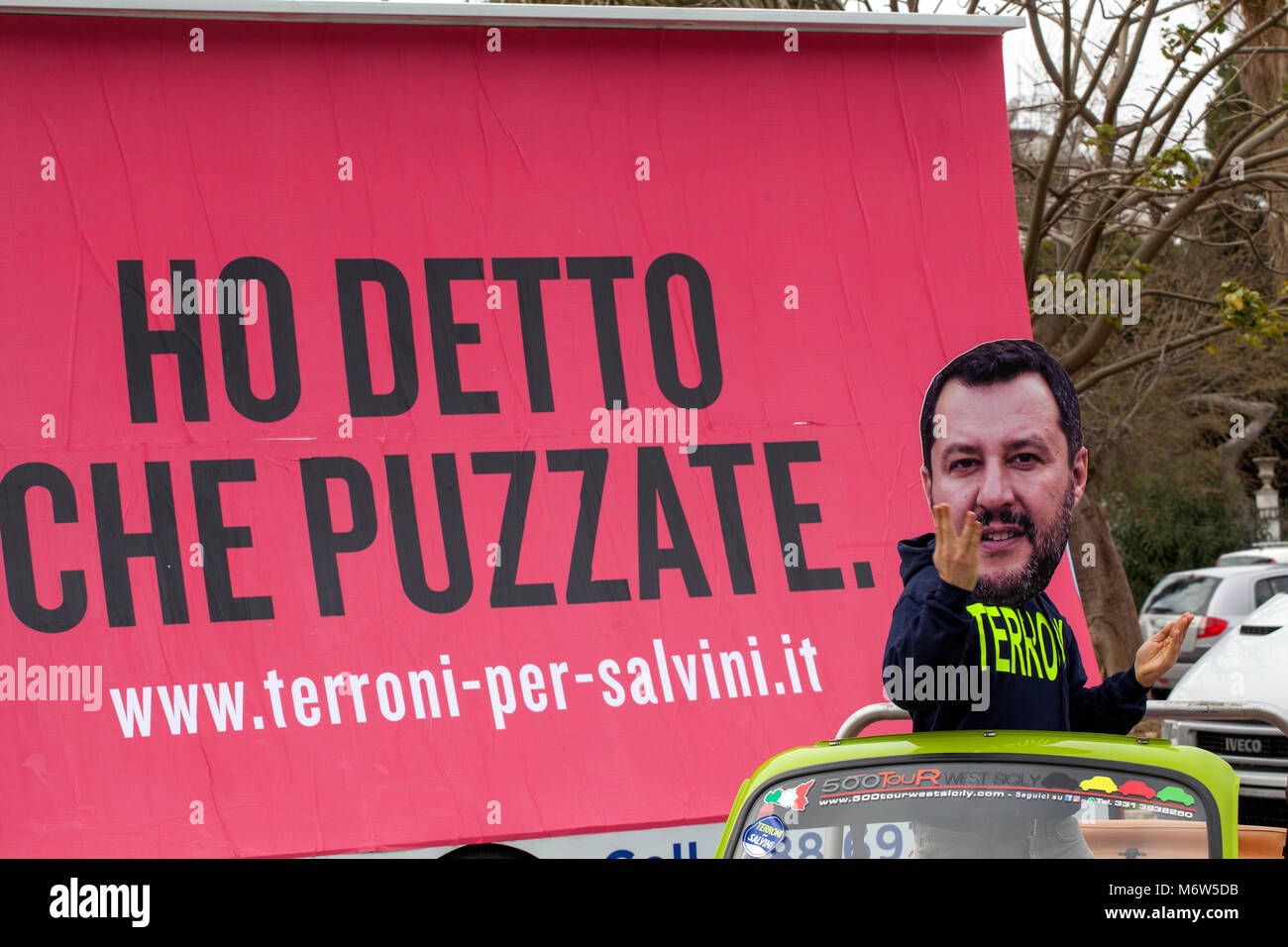 A fake Matteo Salvini calls for the vote to “southerners” in Palermo: is the Avaaz flash mob in the elections of March 4, 2018. Stock Photo
