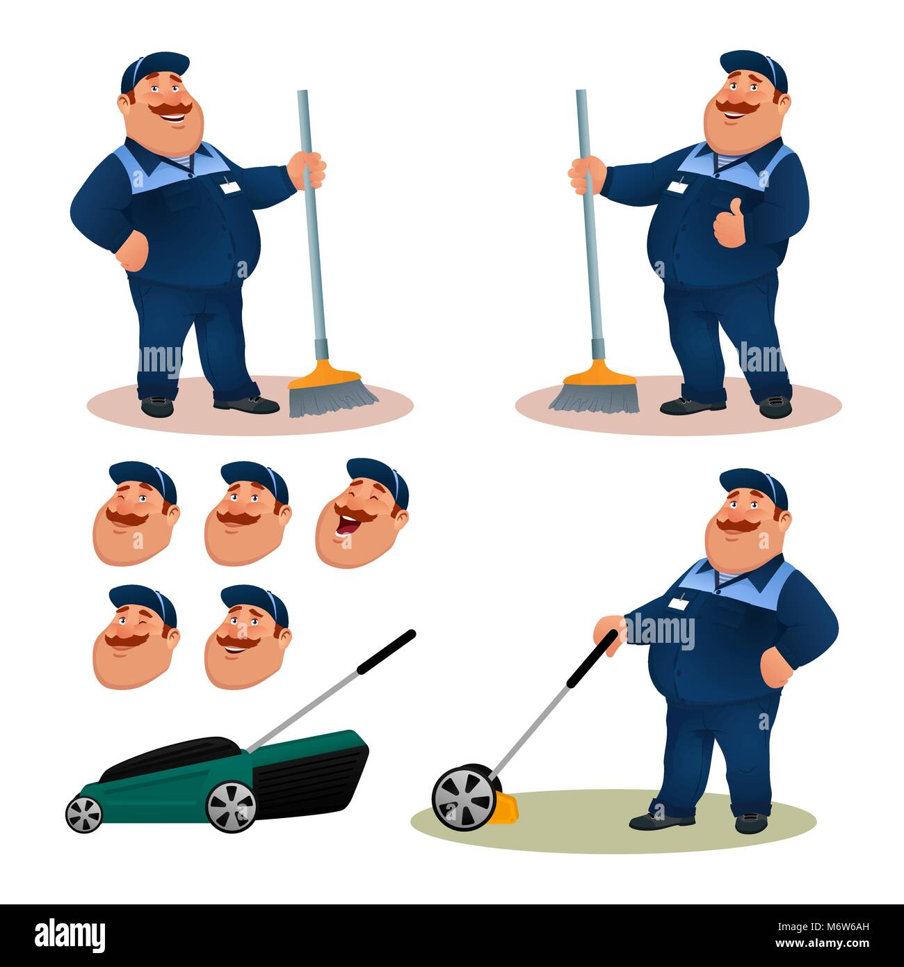 Funny cartoon janitor set with emotions. Smiling fat character gardener in blue suit sweeping floor with broom. Happy flat cleaner with lawn mower and face expressions. Colorful vector illustration. Stock Vector