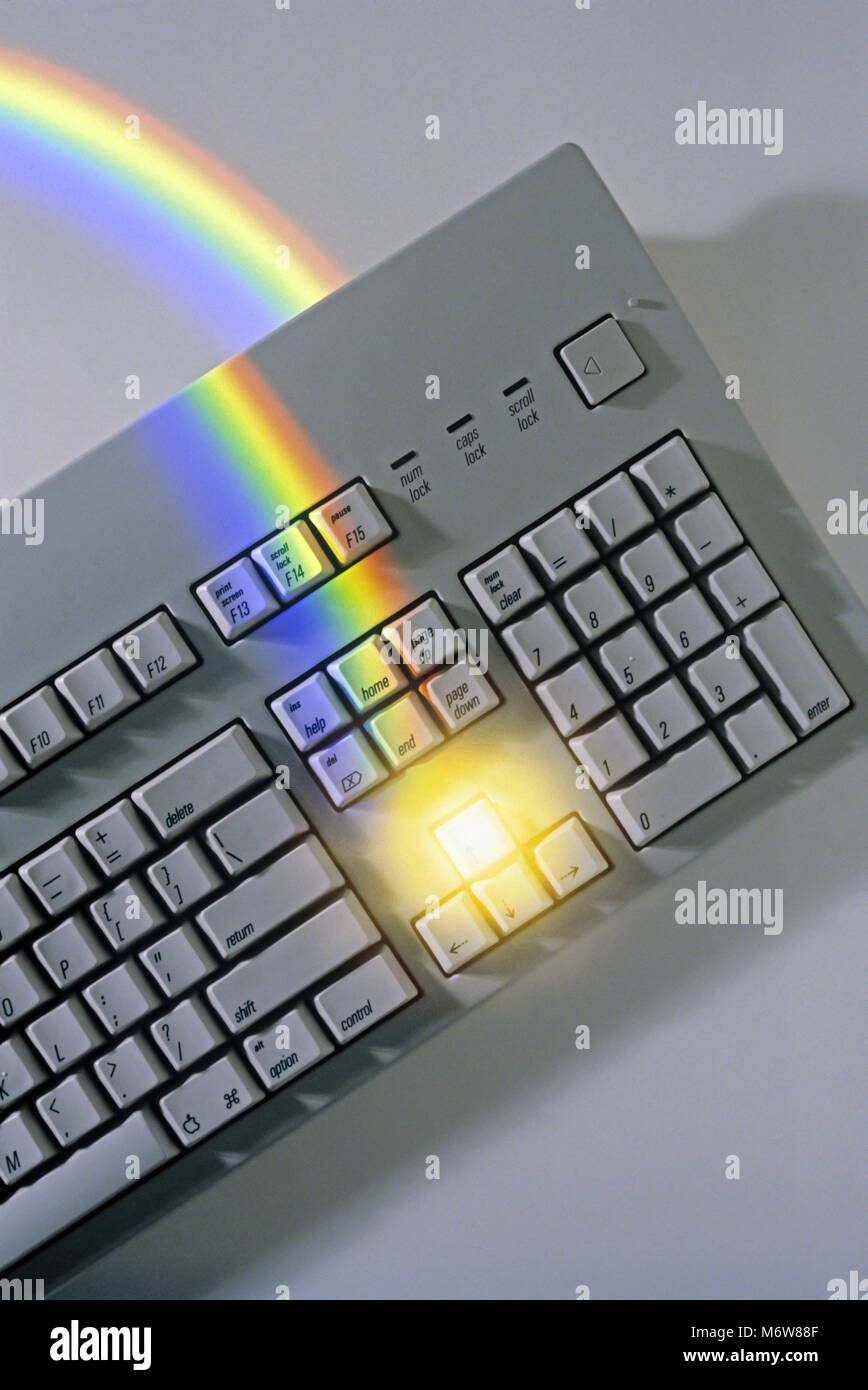 1997 HISTORICAL WOMAN’S HAND PRESSING KEY ON PERSONAL COMPUTER MECHANICAL KEYBOARD (©APPLE CORP 1996) Stock Photo