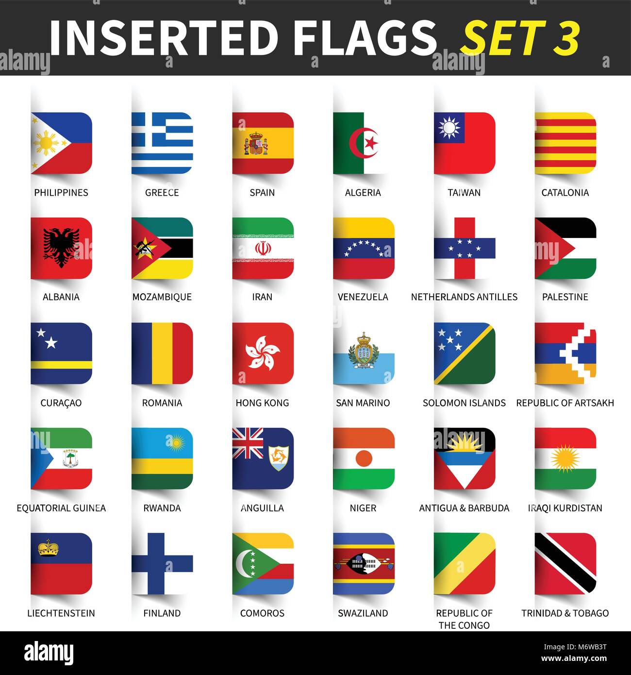 All flags of the world set 3 . Inserted and floating sticky note design . ( 3/8 ) . Stock Vector