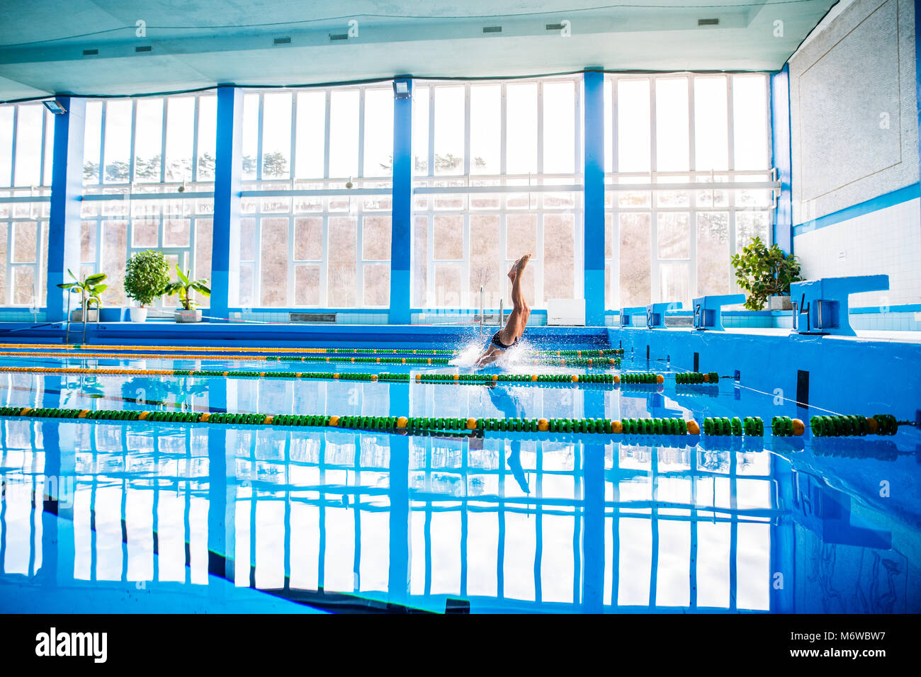 Senior man jumping in the swimming pool. Stock Photo
