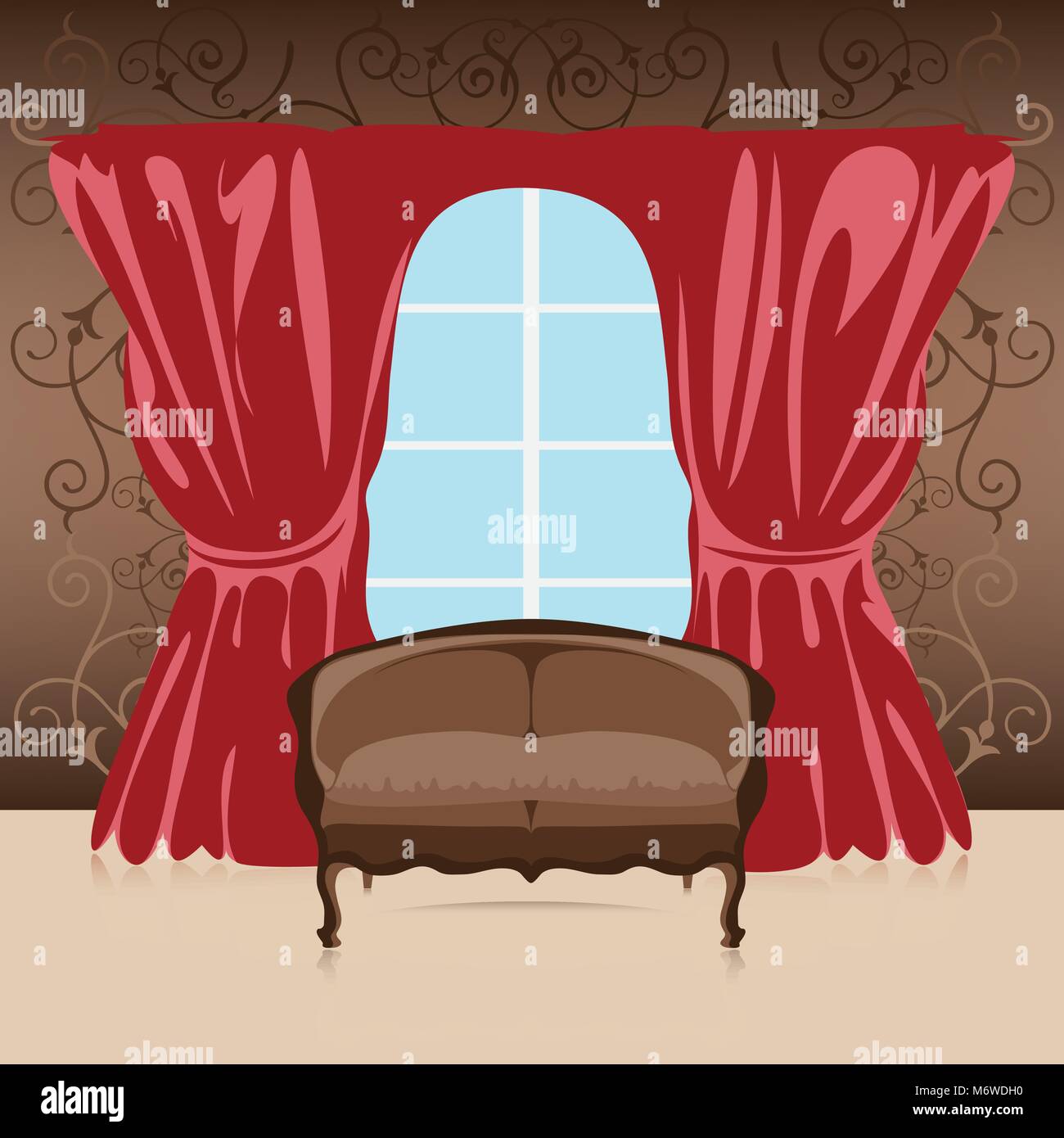 Interior, sofa in the room against the wall, curtains and window, vector illustration Stock Vector