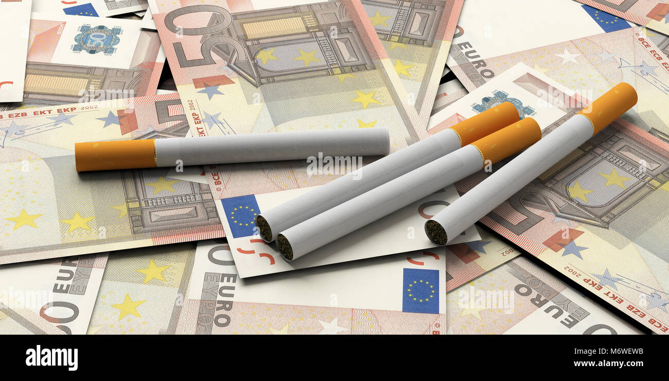 Smoking and money cost. Cigarettes on fifty euros banknotes background. 3d illustration Stock Photo