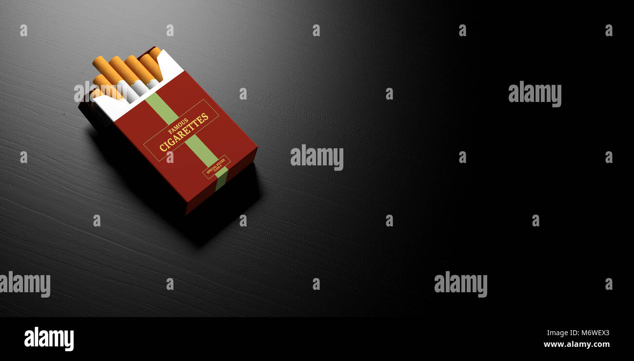 Smoking concept. Brand name cigarette pack on black wooden background,  banner, space for text. 3d illustration Stock Photo