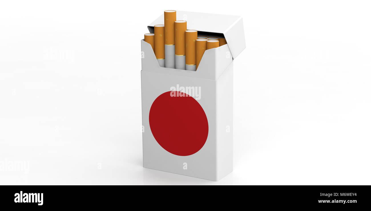 Smoking cigarettes in Japan. Japanese flag on a cigarette packet isolated on white background. 3d illustration Stock Photo