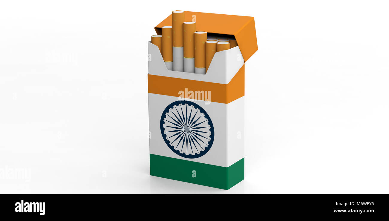 Smoking cigarettes in India. Indian flag on a cigarette packet isolated