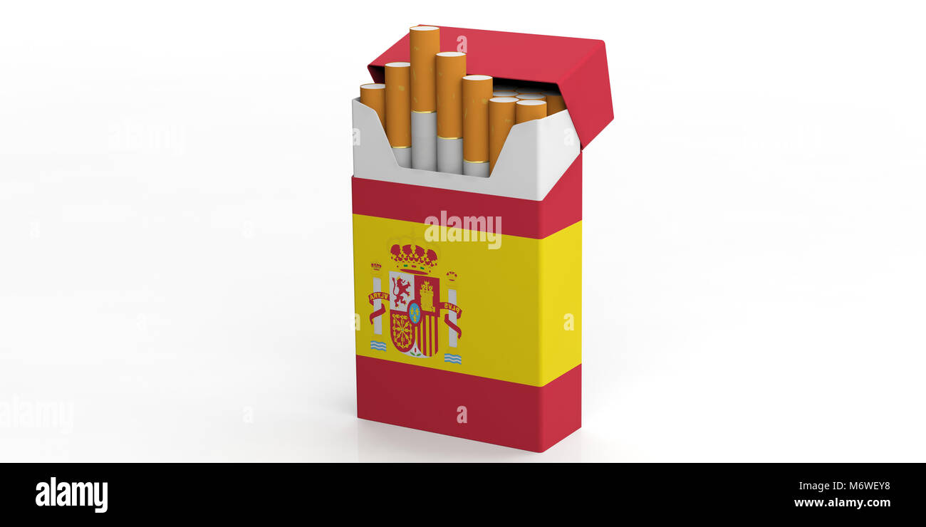 Smoking cigarettes in Spain. Spanish flag on a cigarette packet
