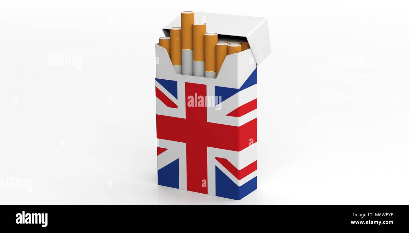 Smoking cigarettes in UK. United Kingdom flag on a cigarette packet isolated on white background