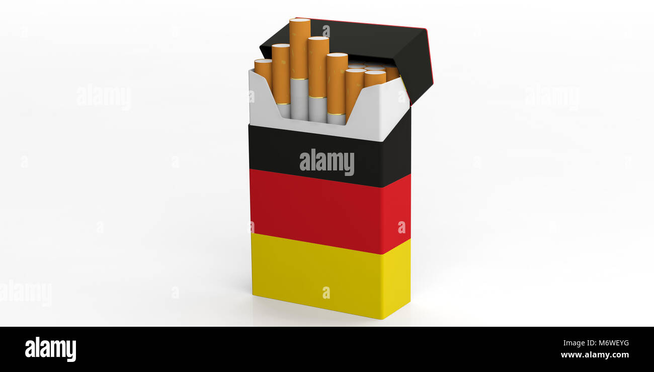 Smoking cigarettes in Germany. German flag on a cigarette packet