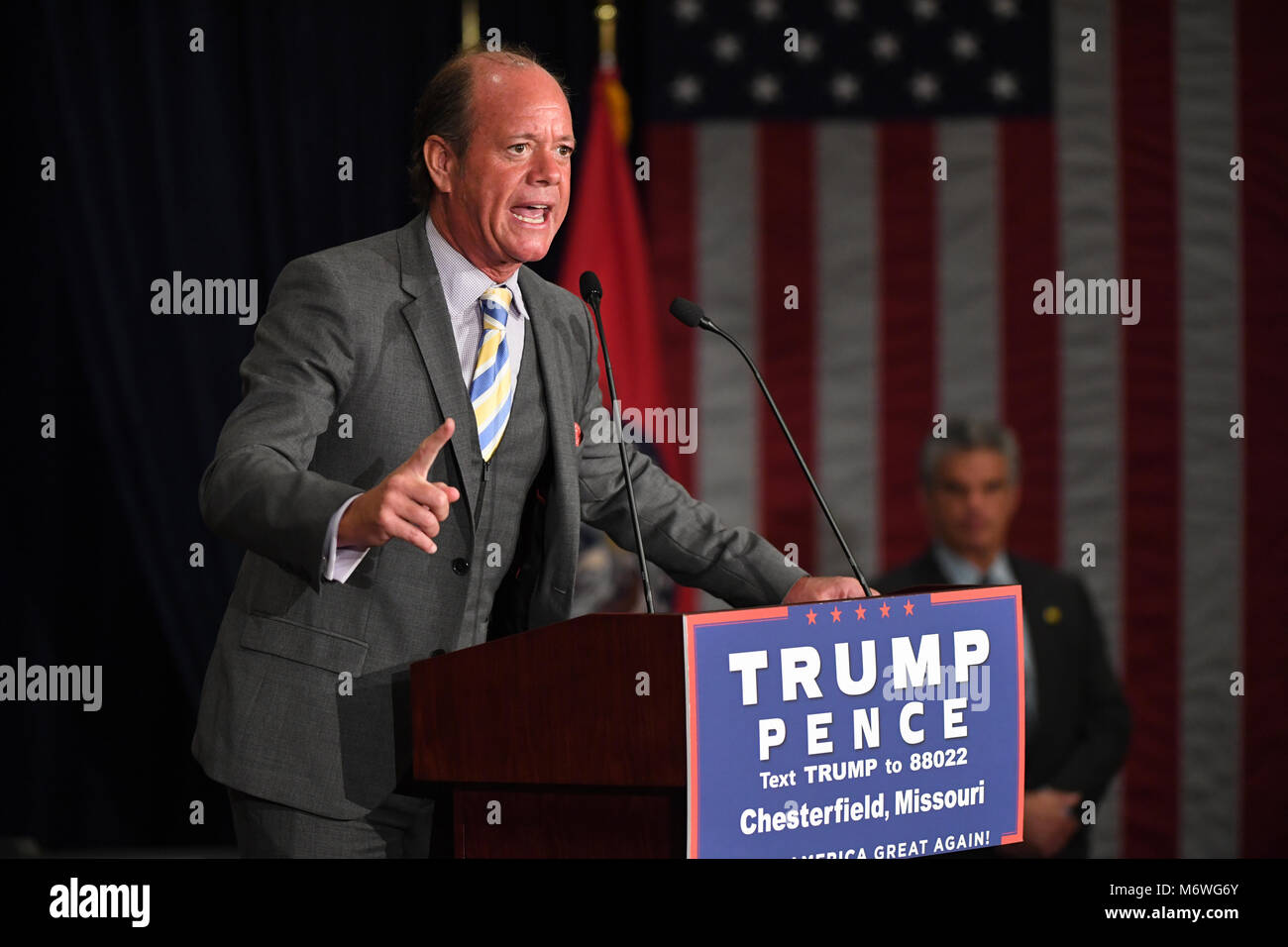 Chesterfield, MO, USA – September 06, 2016: Jamie Allman, Saint Louis conservative radio and TV personalityspeaks at Indiana Governor Mike Pence rally Stock Photo