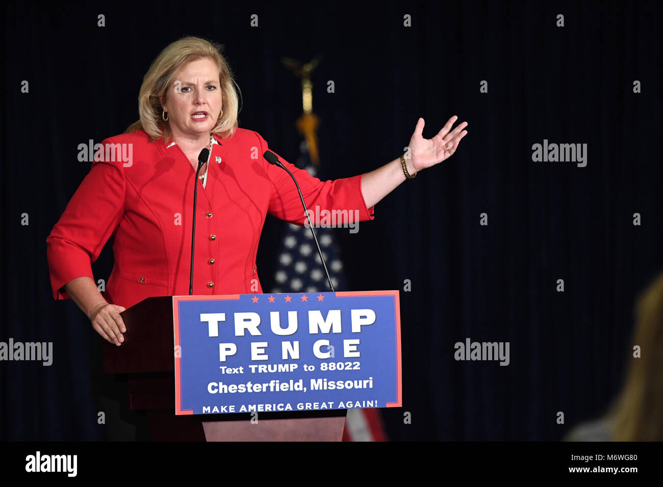Chesterfield, MO, USA – September 06, 2016: Catherine Hanaway speaks at Indiana Governor Mike Pence rally in Chesterfield, Missouri. Stock Photo