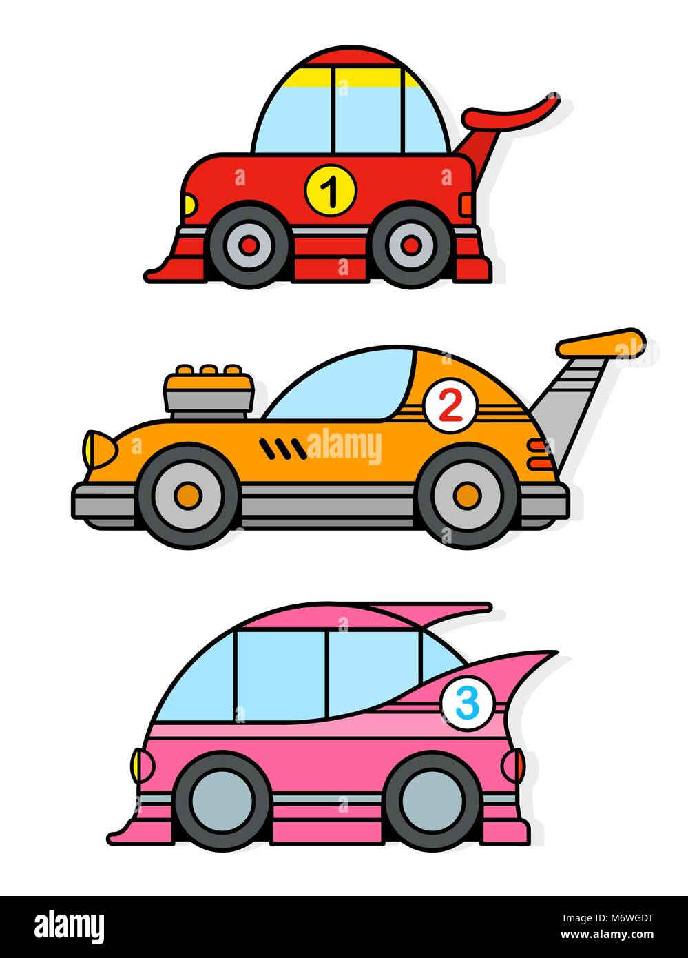 Three different colorful cartoon racing toy cars in red, yellow and pink  isolated on white for kids motor racing themed concepts in a side view -  vect Stock Vector Image & Art -
