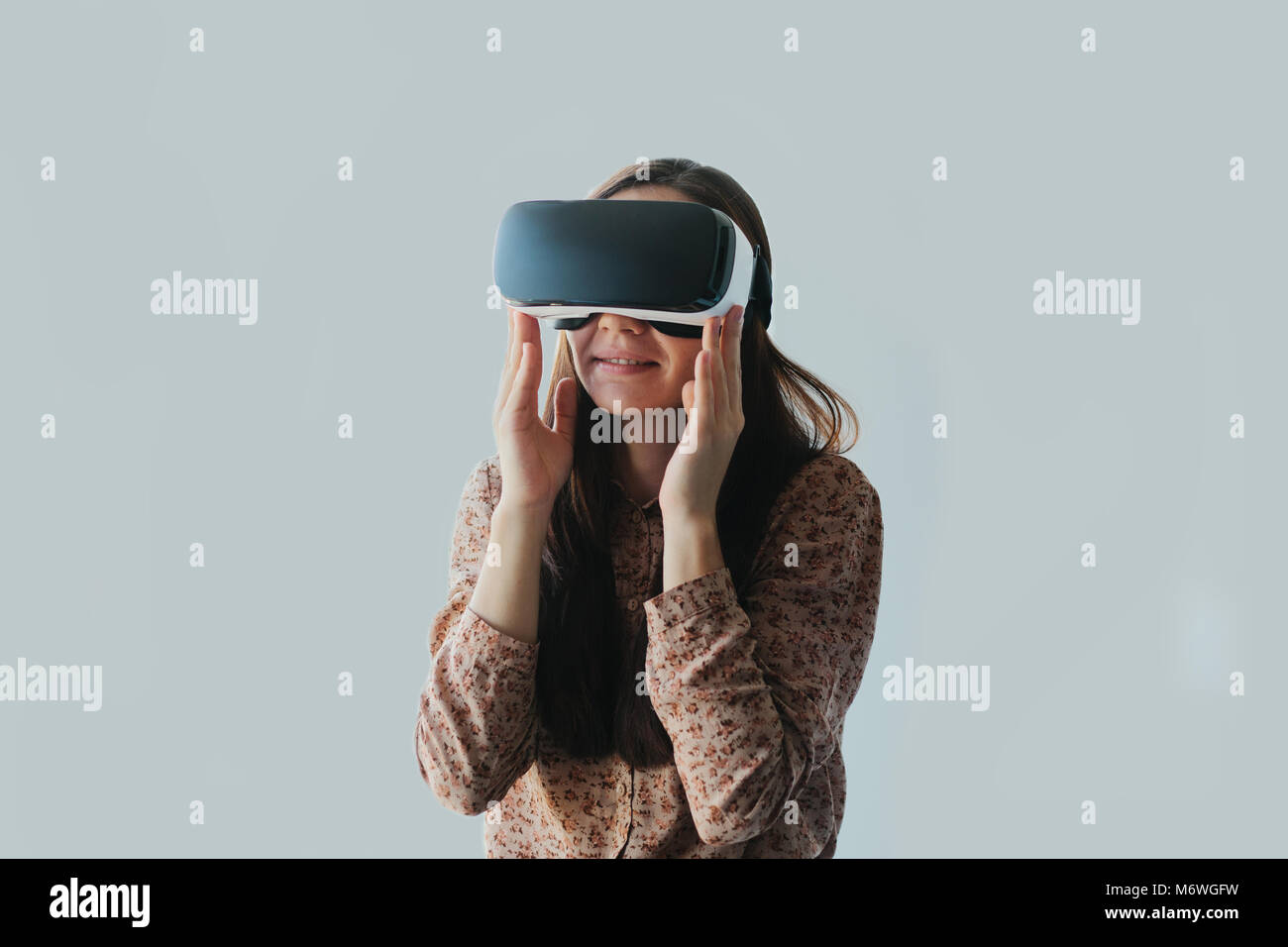 The woman with glasses of virtual reality. Future technology concept
