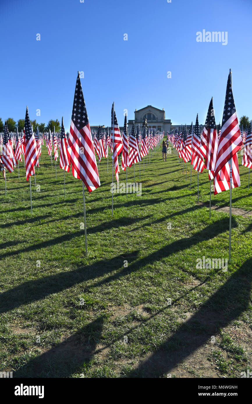 Saint Louis, MO – September 11, 2016: More than 7,000 flags with name, photo and dog tag of soldier killed defending the United States wave outside th Stock Photo