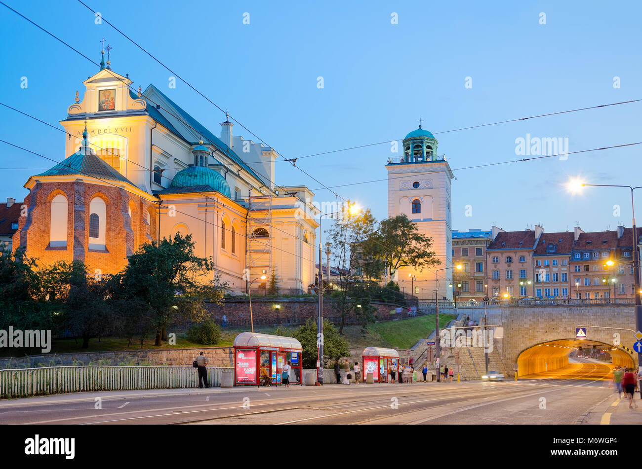 Saint Anne's church and Route East-West ('Trasa W-Z'), Warsaw, Masovia province, Poland, Europe. Stock Photo