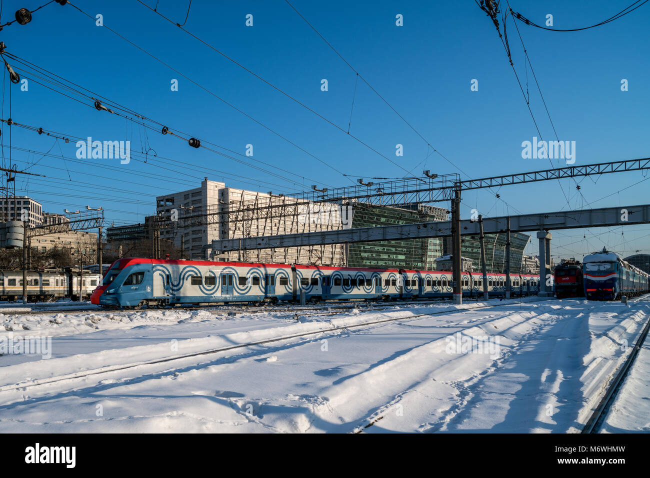 Suburban train Ivolga leavs Kievsky railroad terminal in Moscow, Russia Stock Photo
