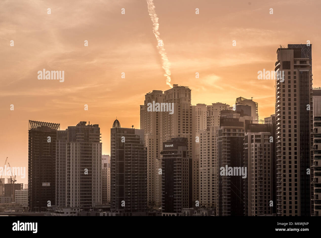 Amazing sunset in the Dubai Marina area. Stock Photo