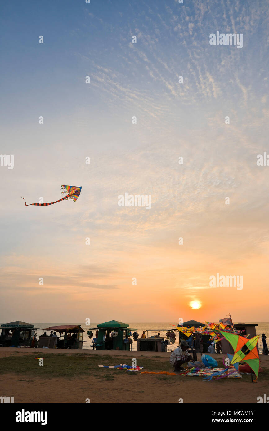 Vertica view of people kite-flying on Galle Face Green in Colombo. Stock Photo