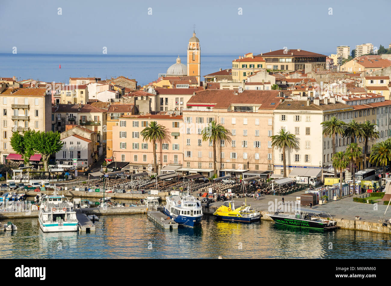 Ajaccio, France - May 27, 2016: View of the center of capital city of Corsica and birthplace of Napoleon Bonaparte with its marina and Fishing Port Stock Photo