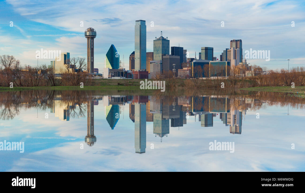 This is the picture of Dallas skyline and its refection on Trinity river during sunset. Stock Photo