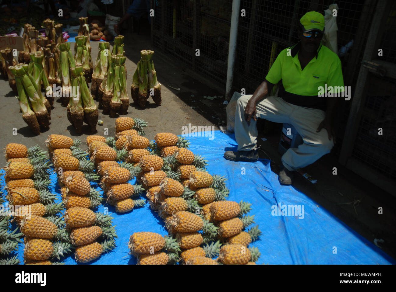 An old Fijian man selling pineapples at Sigatoka market, Fiji Stock