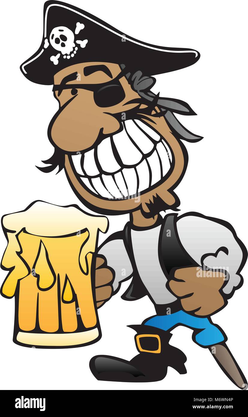 Pirate Cartoon Character with Peg Leg, Eye Patch and Beer Vector Illustration Stock Vector