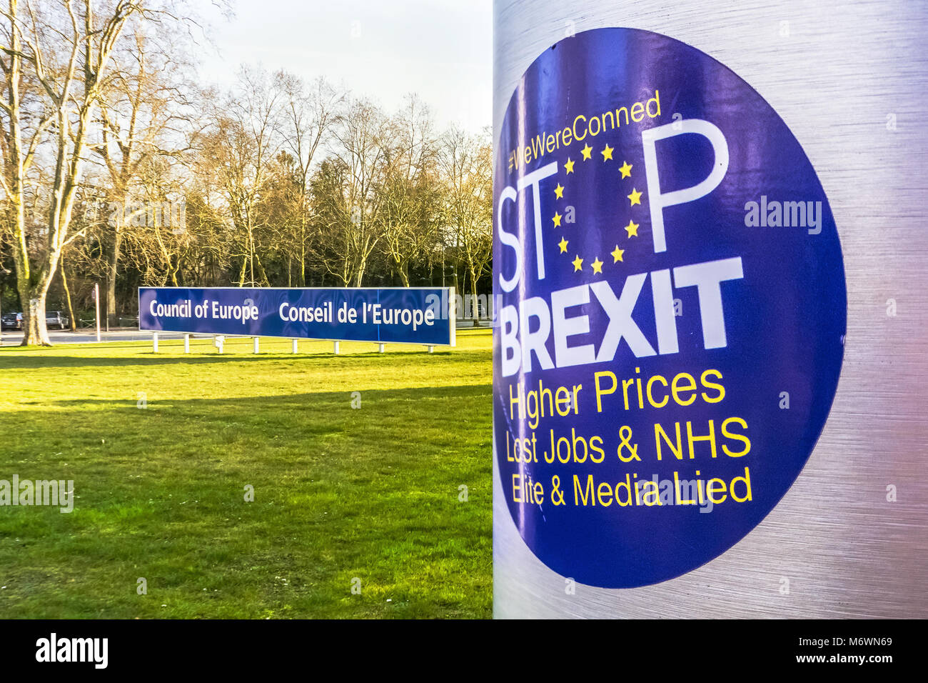 Anti-Brexit sticker on the UK flag pole at the Council of Europe located in Strasbourg, France. Stock Photo