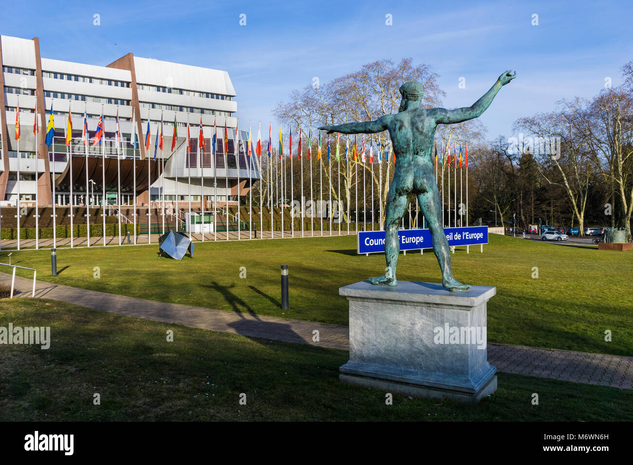 Main lawn of the Council of Europe headquarters with the statue of the