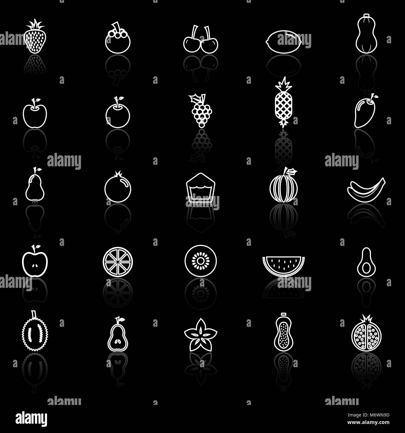 Fruit line icons with reflect on black background, stock vector Stock ...
