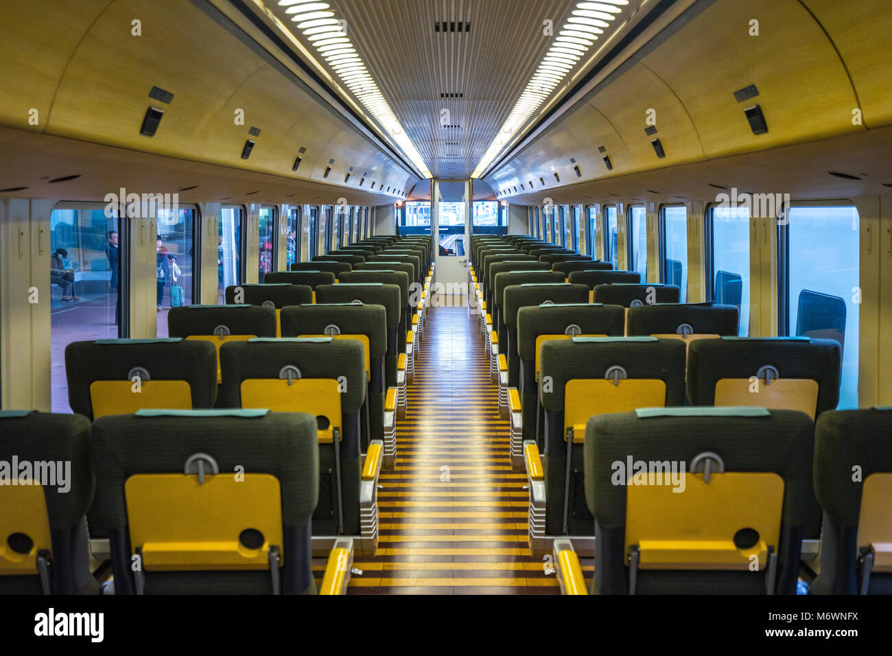 Fukuoka, Japan - February 9, 2018: Interior of Yufuin No Mori Limited express train in Fukuoka, Japan. Stock Photo