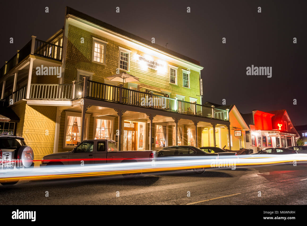 The Mendocino Hotel at night in the historic downtown area of Mendocino, California. Stock Photo