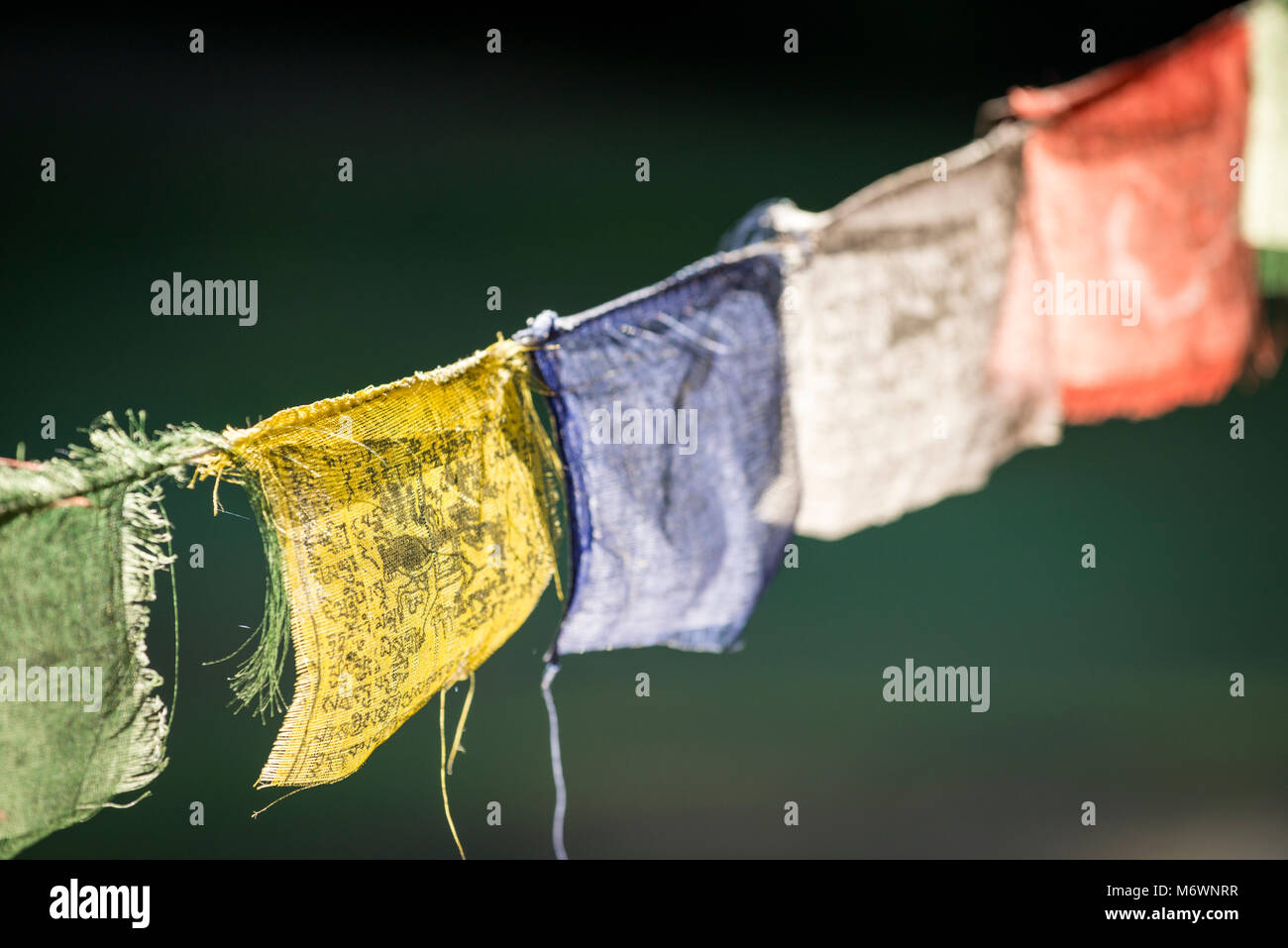 A detail of Tibetan prayer flags hanging outside at The Otter Bar Lodge and Kayak School in Forks of Salmon, California. Stock Photo