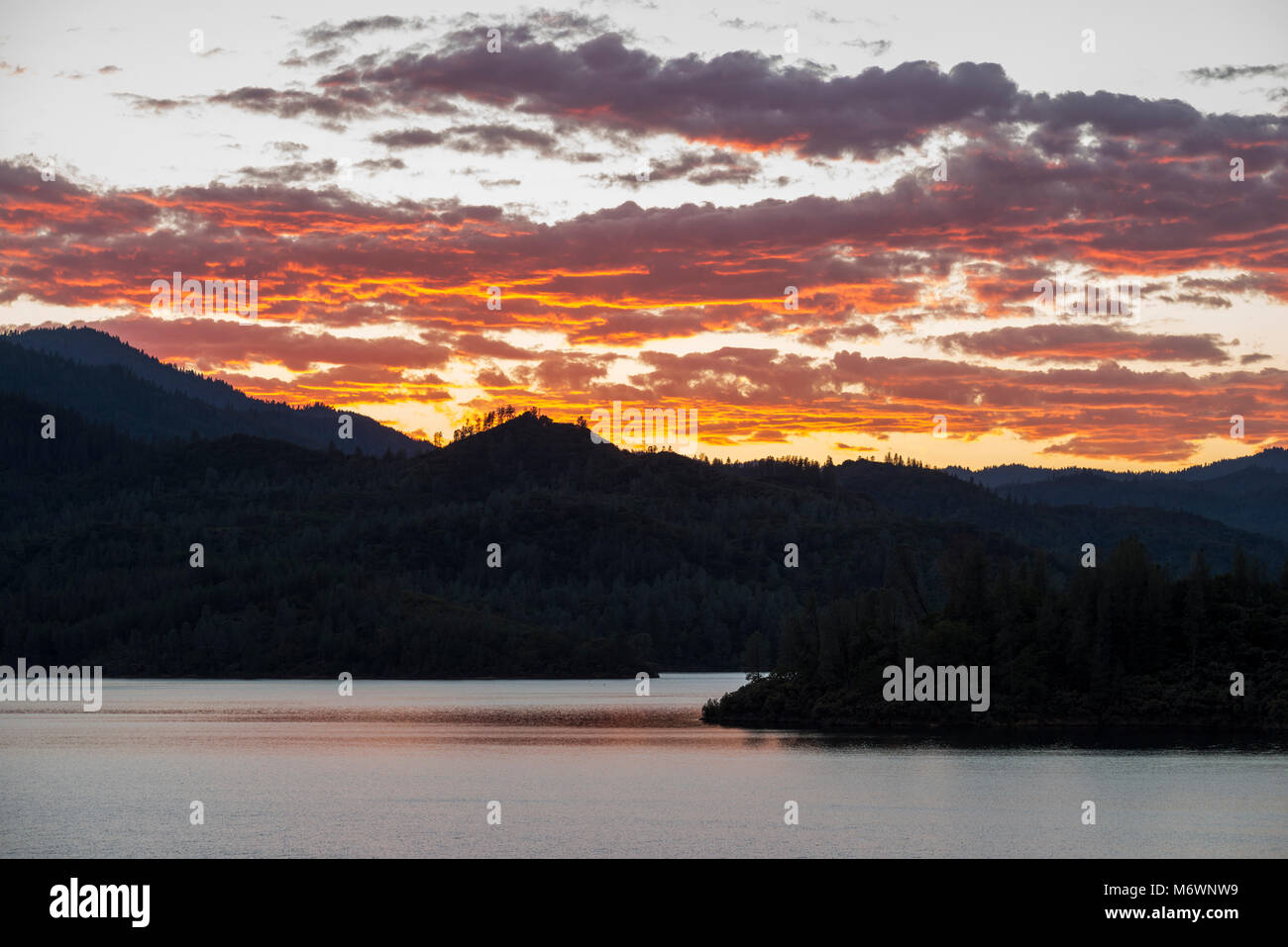 A beautiful sunset view looking out over Whiskeytown Lake near Redding, California. Stock Photo