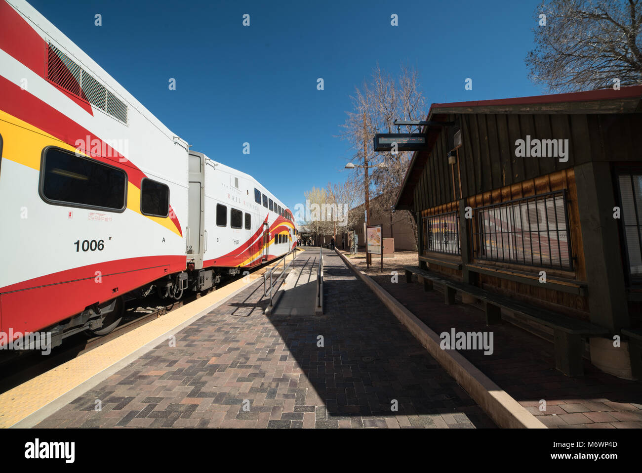 The rail runner train at Santa Fe, New Mexico train station on a bright