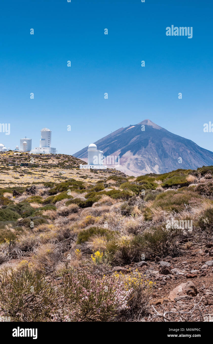 The telescopes and buildings of the Teide Observatory with Mount Teide in background on a clear blue day, Tenerife Stock Photo