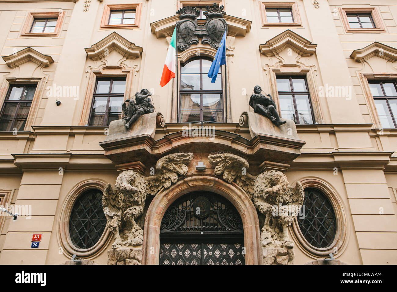 Prague, October 28, 2017: Bottom view - beautiful old building of the Italian Embassy in Prague Stock Photo