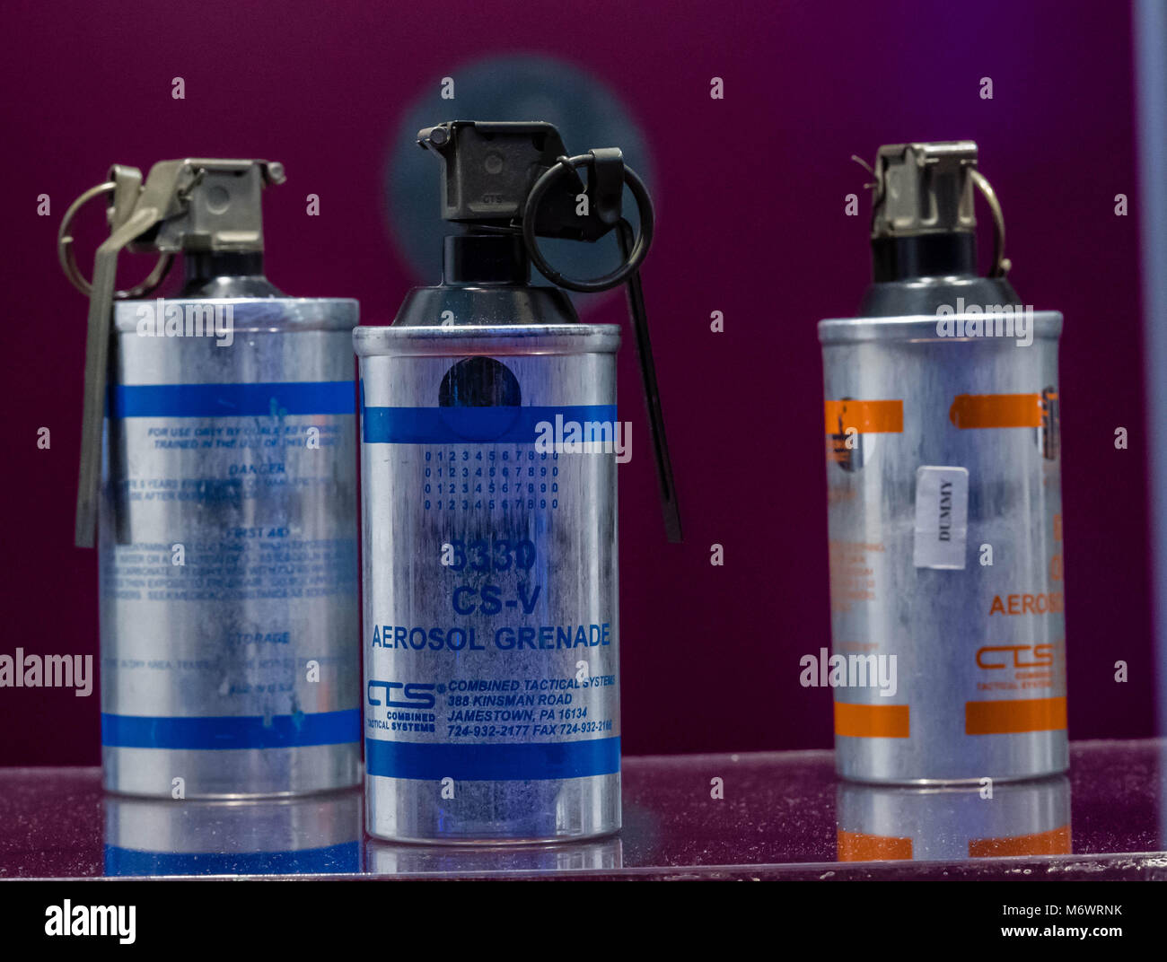 London, UK. 6th March 2018, Security and Counter Terror expo, CS gas grenades on display Credit: Ian Davidson/Alamy Live News Stock Photo