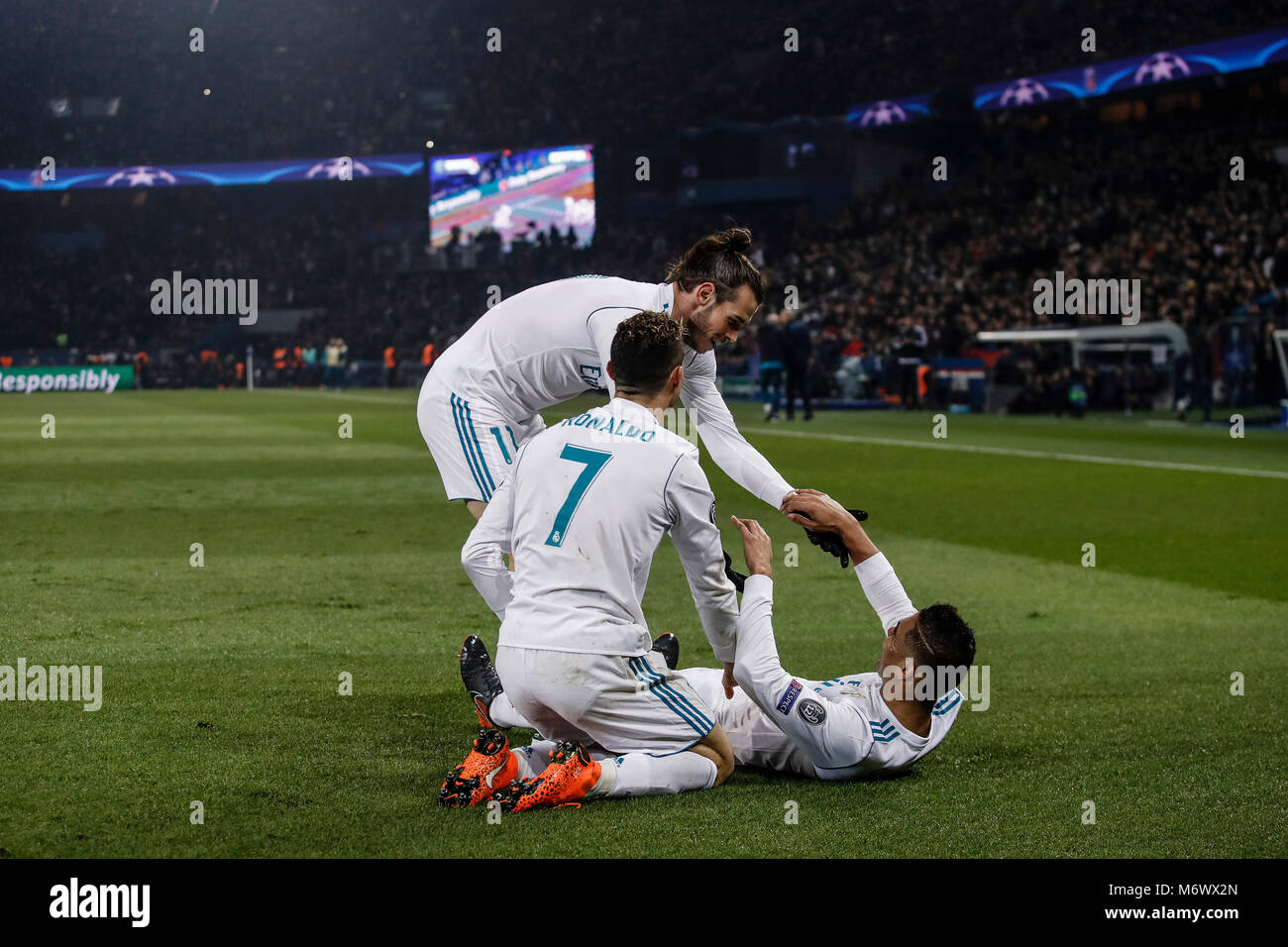 Paris, France, March 6, 2018. Carlos Enrique Casemiro (Real Madrid) celebrates his goal which made it (1, 2) UCL Champions League match between PSG vs Real Madrid at the Parc des Princes stadium in Credit: Gtres Información más Comuniación on line, S.L./Alamy Live News Stock Photo