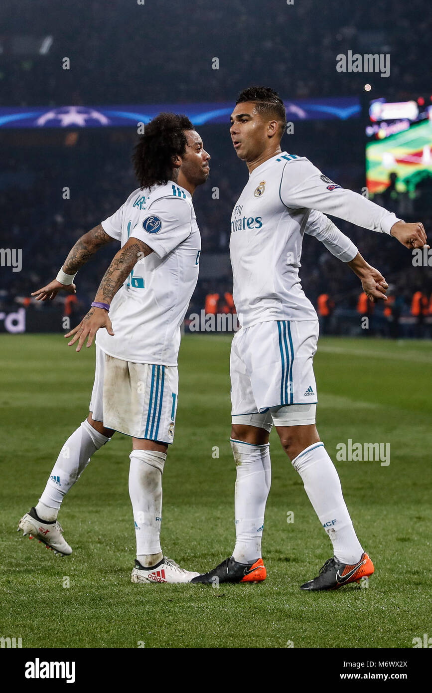 Paris, France, March 6, 2018. Carlos Enrique Casemiro (Real Madrid) celebrates his goal which made it (1, 2) UCL Champions League match between PSG vs Real Madrid at the Parc des Princes stadium in Credit: Gtres Información más Comuniación on line, S.L./Alamy Live News Stock Photo