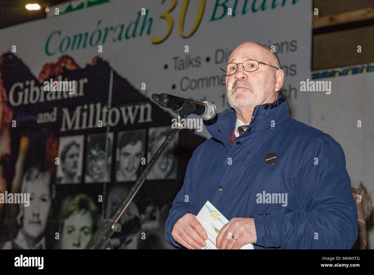 Belfast, UK. 6th March, Politics: Sinn Feins Alex Maskey MLA giving the oration at The 30th Commemoration of Gibraltar shootings; where three unarmed members of the IRA were Shot Dead by an undercover team of the SAS Credit: Bonzo/Alamy Live News Stock Photo