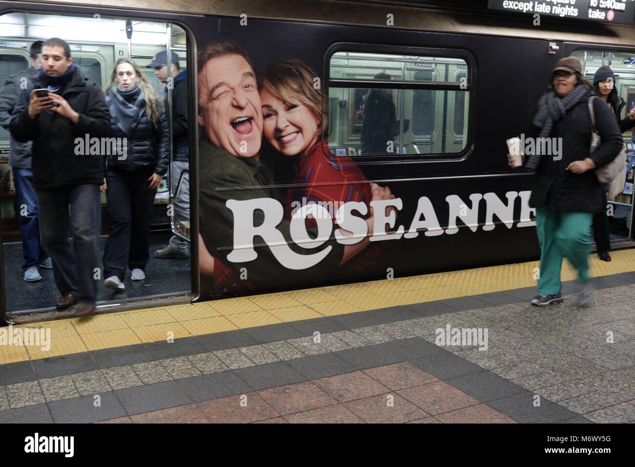 New York, NY, US. 6th. Mar, 2018. Ahead of a reboot of the Nineteen Eighties television comedy series “ROSEANNE” starring Roseanne Barr and John Goodman,the ABC Television Network has transformed a New York City subway car with the interior designed to look like the set of 'Roseanne, with giant portraits of the main characters, the TV family’s patchwork quilt lining the seats, a fireplace and family photos. The 'Roseanne' revival premieres March 27 on the ABC Network. © 2018 G. Ronald Lopez/DigiPixsAgain.us/Alamy Live News Stock Photo