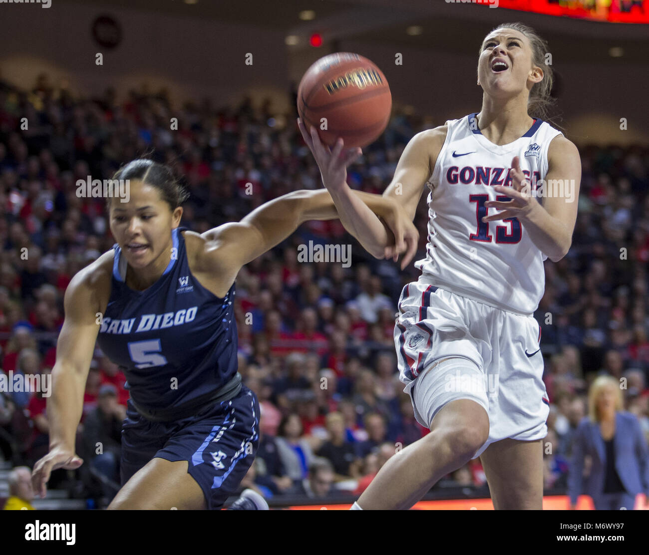 Las Vegas, Nevada, USA. 31st Jan, 2018. San Diego Toreros guard Aubrey Ward-El (5) fouls Gonzaga Bulldogs forward Jill Barta (13) on her way to the basket during the first period of an NCAA college basketball game in the women's finals of the West Coast Conference tournament, Tuesday, March 6, 2018, in Las Vegas.Photo by L.E. Baskow Credit: L.E. Baskow/ZUMA Wire/Alamy Live News Stock Photo