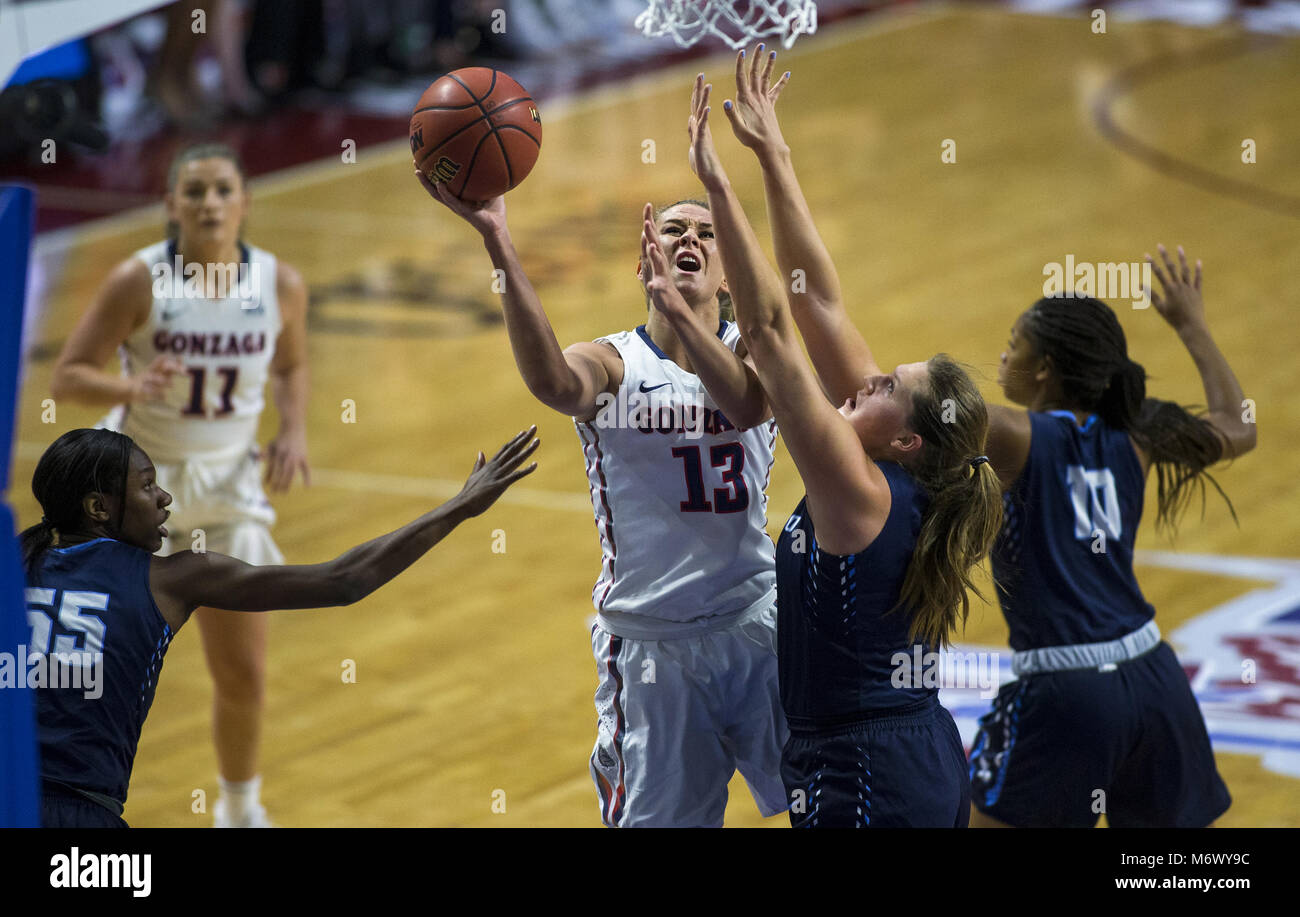 Las Vegas, Nevada, USA. 31st Jan, 2018. Gonzaga Bulldogs forward Jill Barta (13) gets off a shot over the San Diego Toreros forward Sydney Williams (44) and others during the second quarter of an NCAA college basketball game in the women's finals of the West Coast Conference tournament, Tuesday, March 6, 2018, in Las Vegas.Photo by L.E. Baskow Credit: L.E. Baskow/ZUMA Wire/Alamy Live News Stock Photo