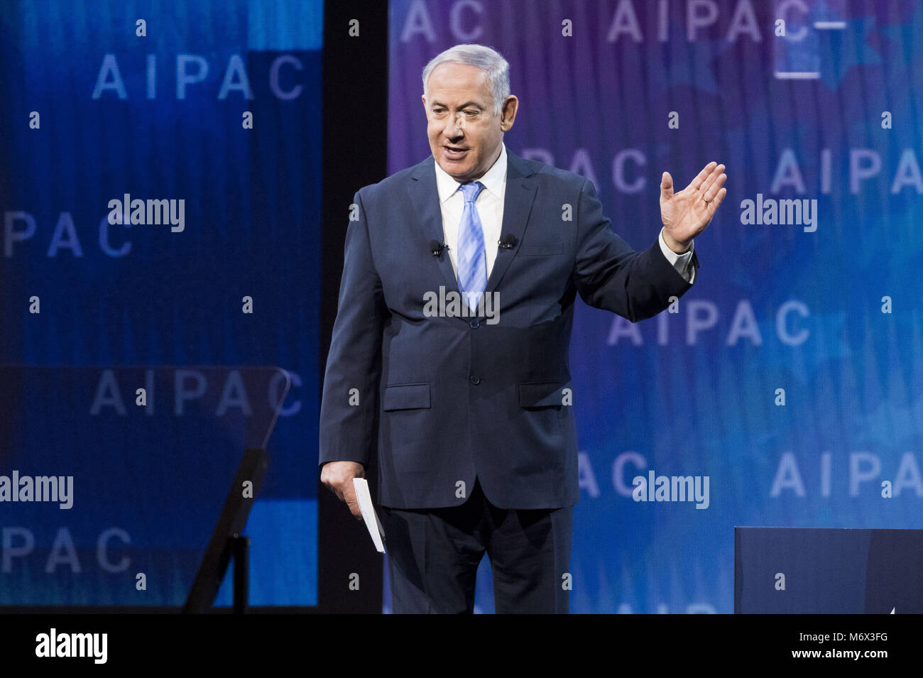 Washington, DC, USA. 6th Mar, 2018. BENJAMIN ''BIBI'' NETANYAHU, Prime Minister of Israel, speaking at the AIPAC (American Israel Public Affairs Committee) Policy Conference at the Walter E. Washington Convention Center in Washington, DC on March 6, 2018 Credit: Michael Brochstein/ZUMA Wire/Alamy Live News Stock Photo
