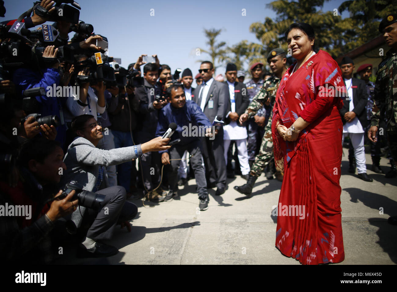 March 7, 2018 - Kathmandu, Nepal - President Bidhya Devi Bhandari speaks to media persons after registering her candidacy for the presidential election at Federal Parliament in Kathmandu, Nepal on Wednesday, March 07, 2018. (Credit Image: © Skanda Gautam via ZUMA Wire) Stock Photo