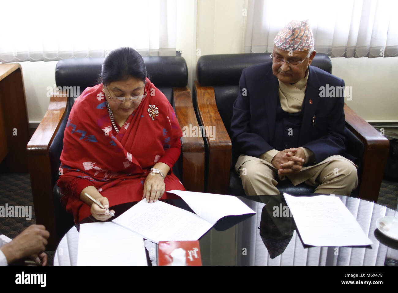 March 7, 2018 - Kathmandu, Nepal - President Bidhya Devi Bhandari registers her candidacy for the presidential election at Federal Parliament in Kathmandu, Nepal on Wednesday, March 07, 2018. (Credit Image: © Skanda Gautam via ZUMA Wire) Stock Photo