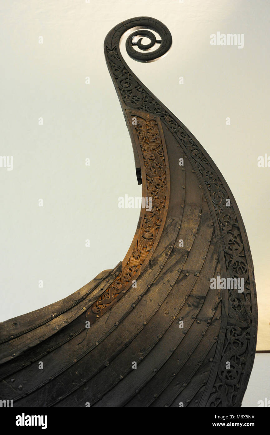 Oseberg Ship. Made in oak wood. 9th century. Detail. Viking Ship Museum. Oslo. Norway. Stock Photo